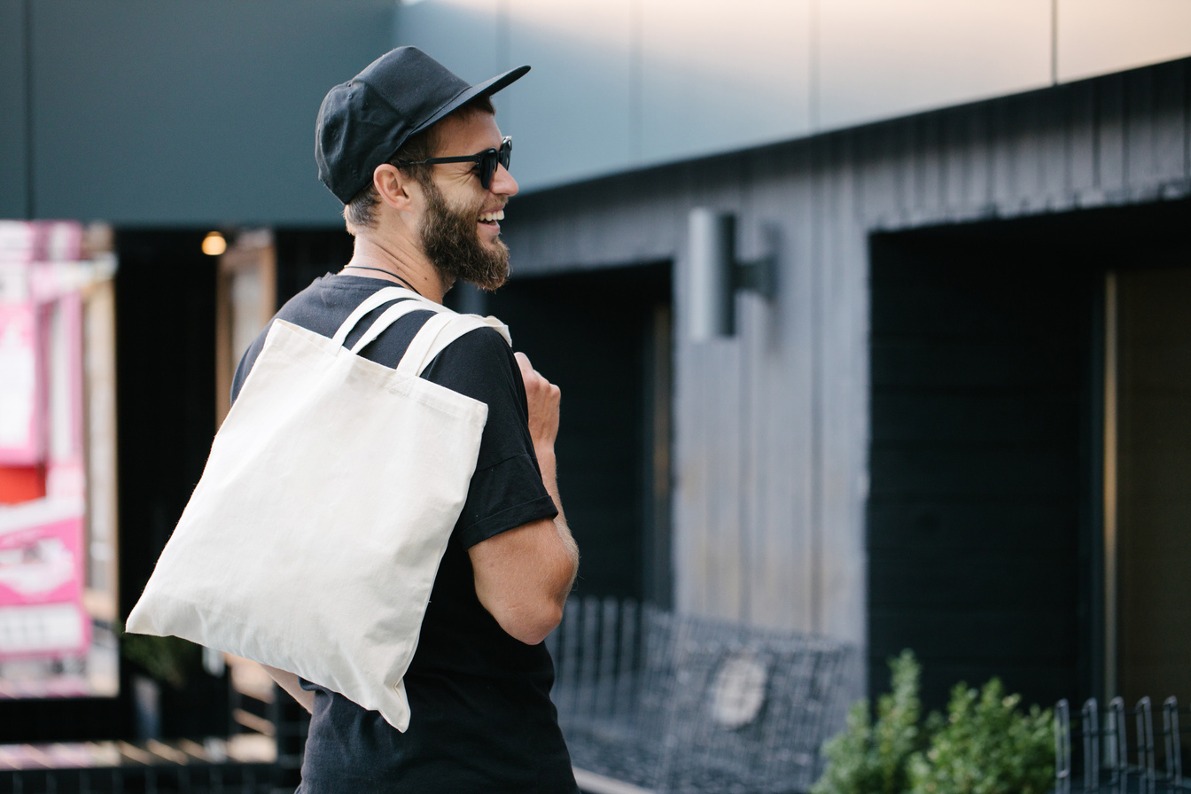 Bearded Man with White Tote Bag for Mock up